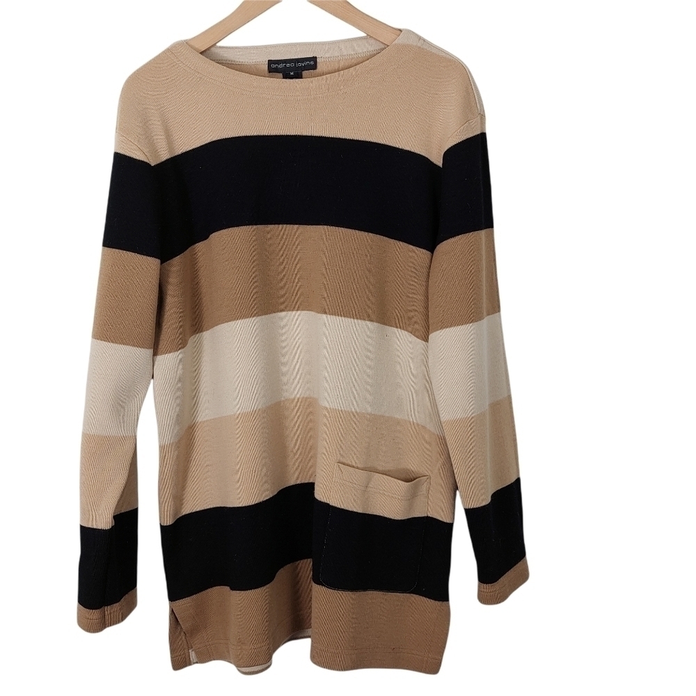 Vintage Y2K Brown Beige Striped 100%‎ WOOL Tunic Crewneck Pocketed Sweater Sz M